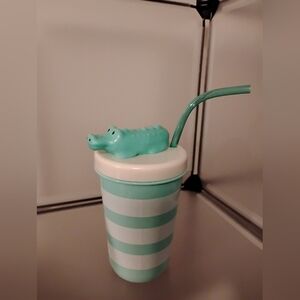 Striped Tumbler with Crocodile Lid and Straw